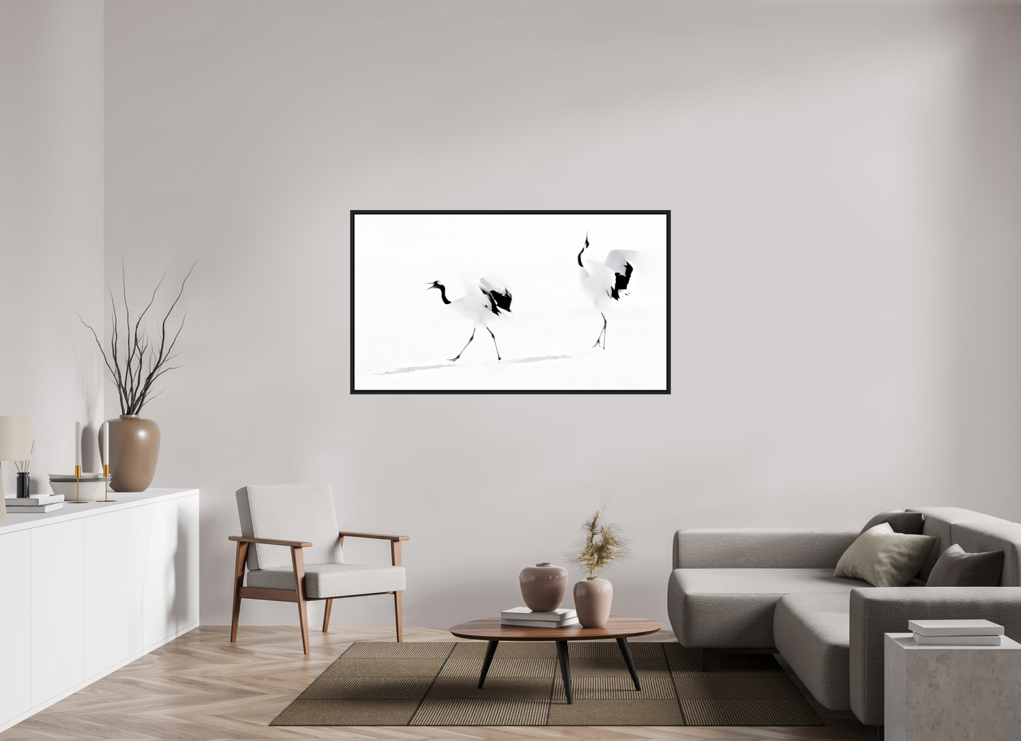 160 x 90 cm, Caisse noir mat 15 mm Les grues - Hokkaido