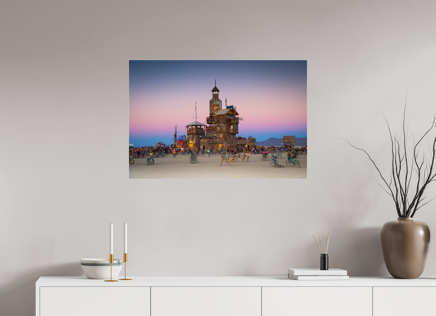 90 x 60 cm, Photo Print Under Acrylic Glass Burning man -  Au coucher du soleil