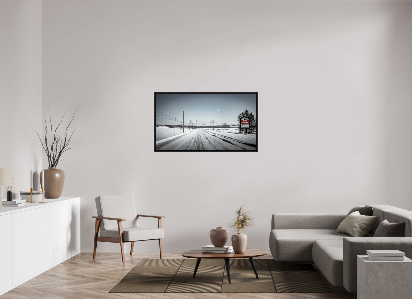 128 x 72 cm, Caisse noir mat 15 mm Sur la route - Hokkaido