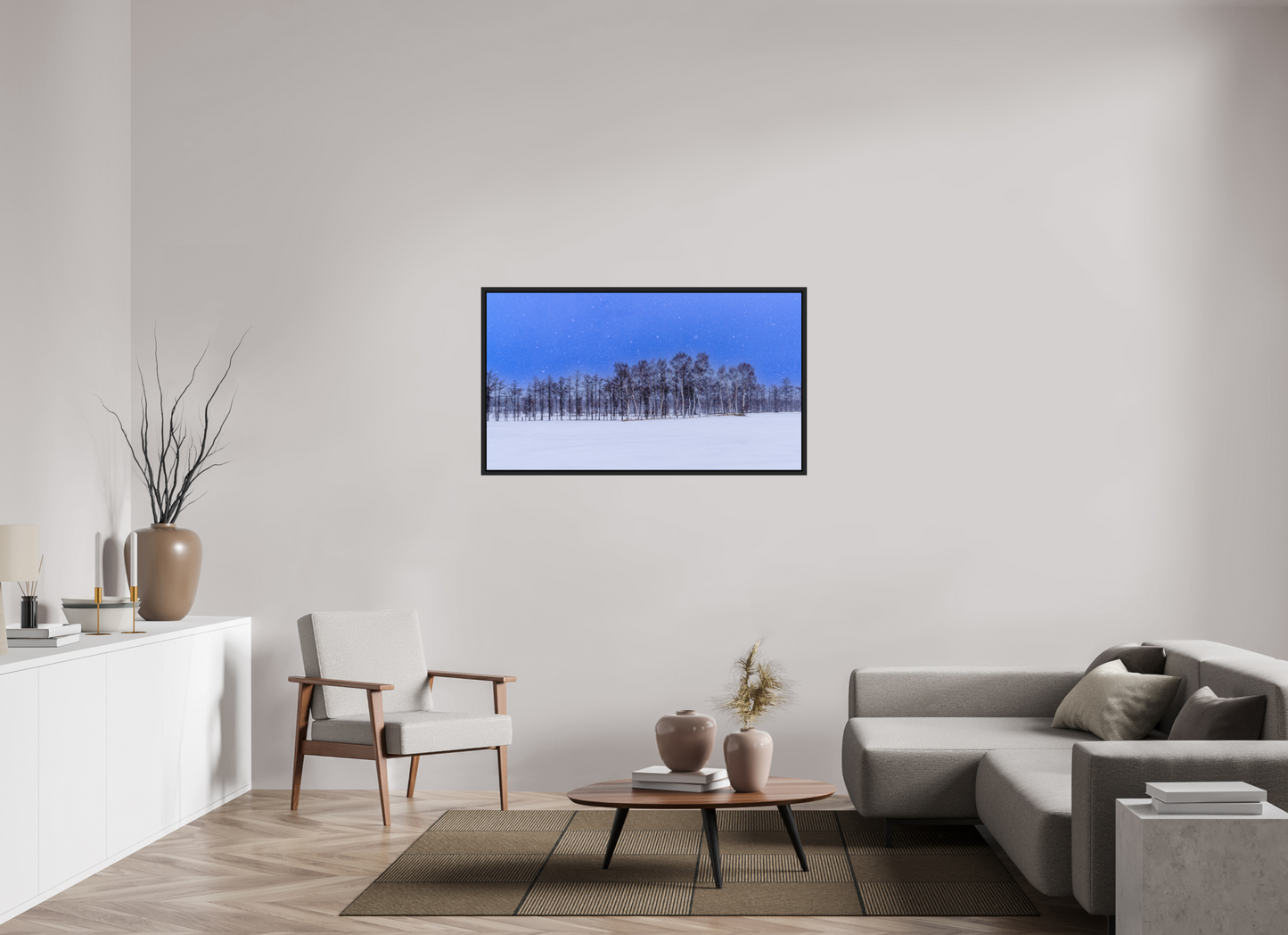 128 x 72 cm, Caisse noir mat 15 mm Les arbres à Hokkaido