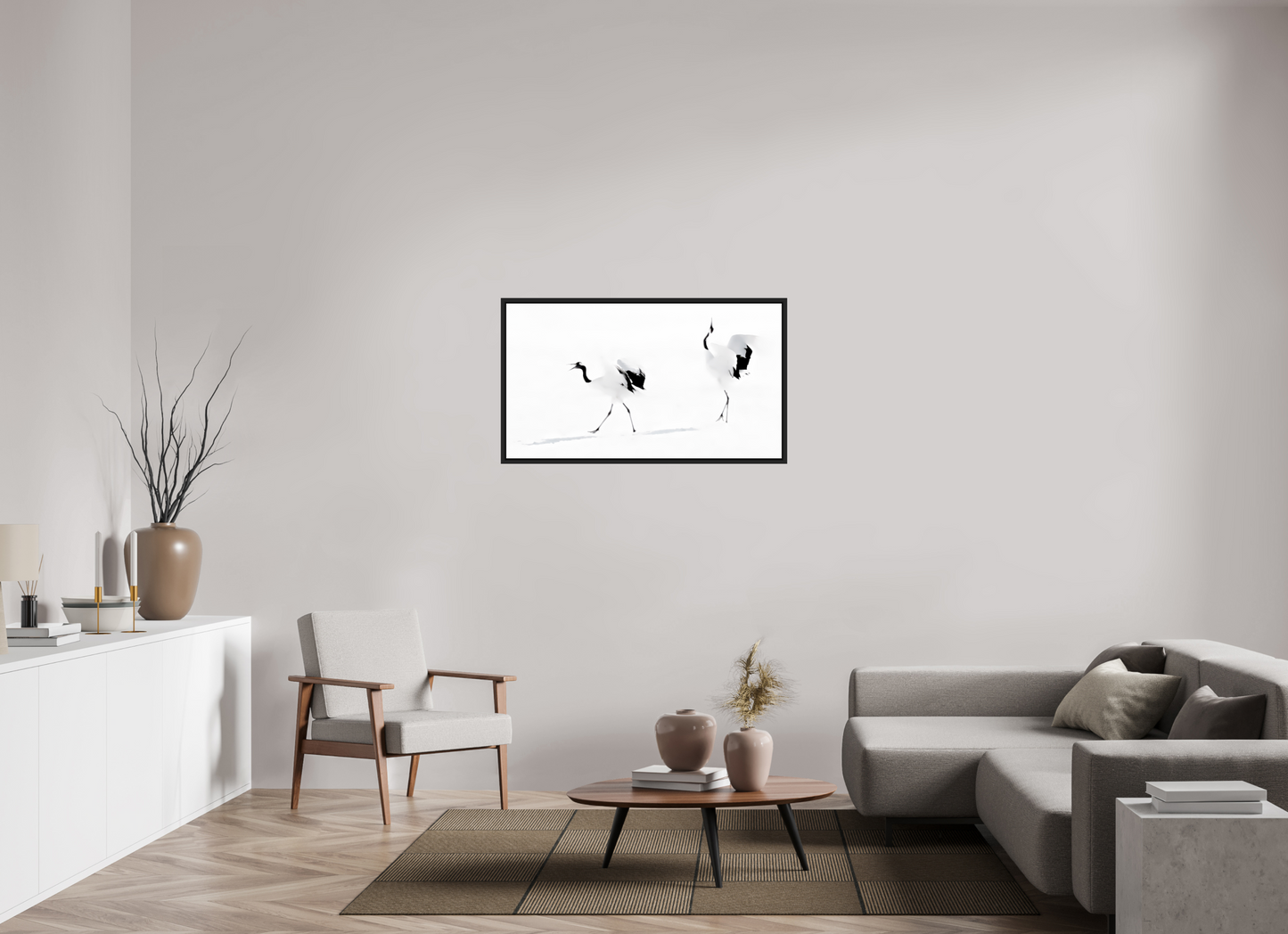 112 x 63 cm, Caisse noir mat 15 mm Les grues  - Hokkaido