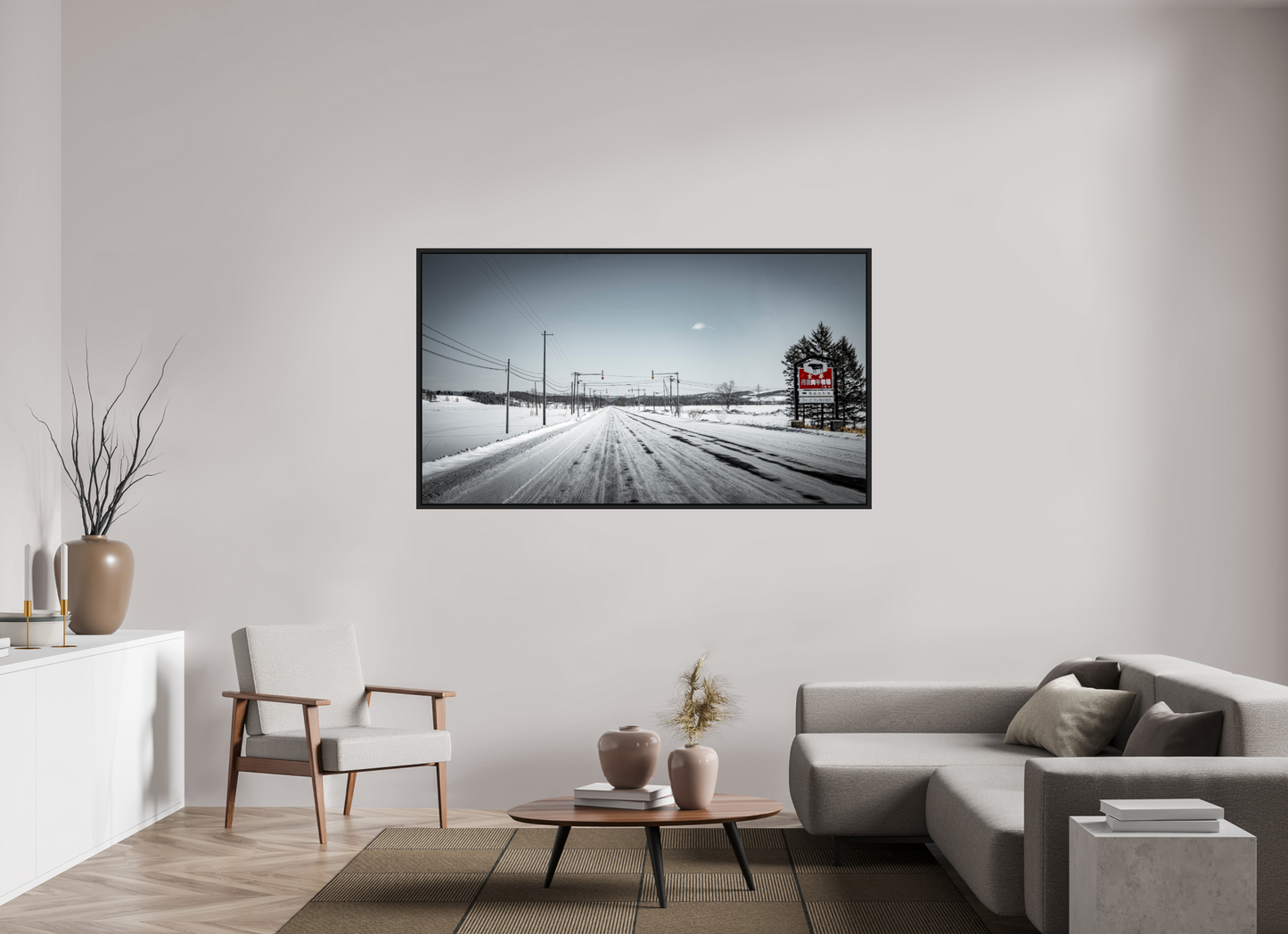 176 x 99 cm, Caisse noir mat 15 mm Sur la route - Hokkaido