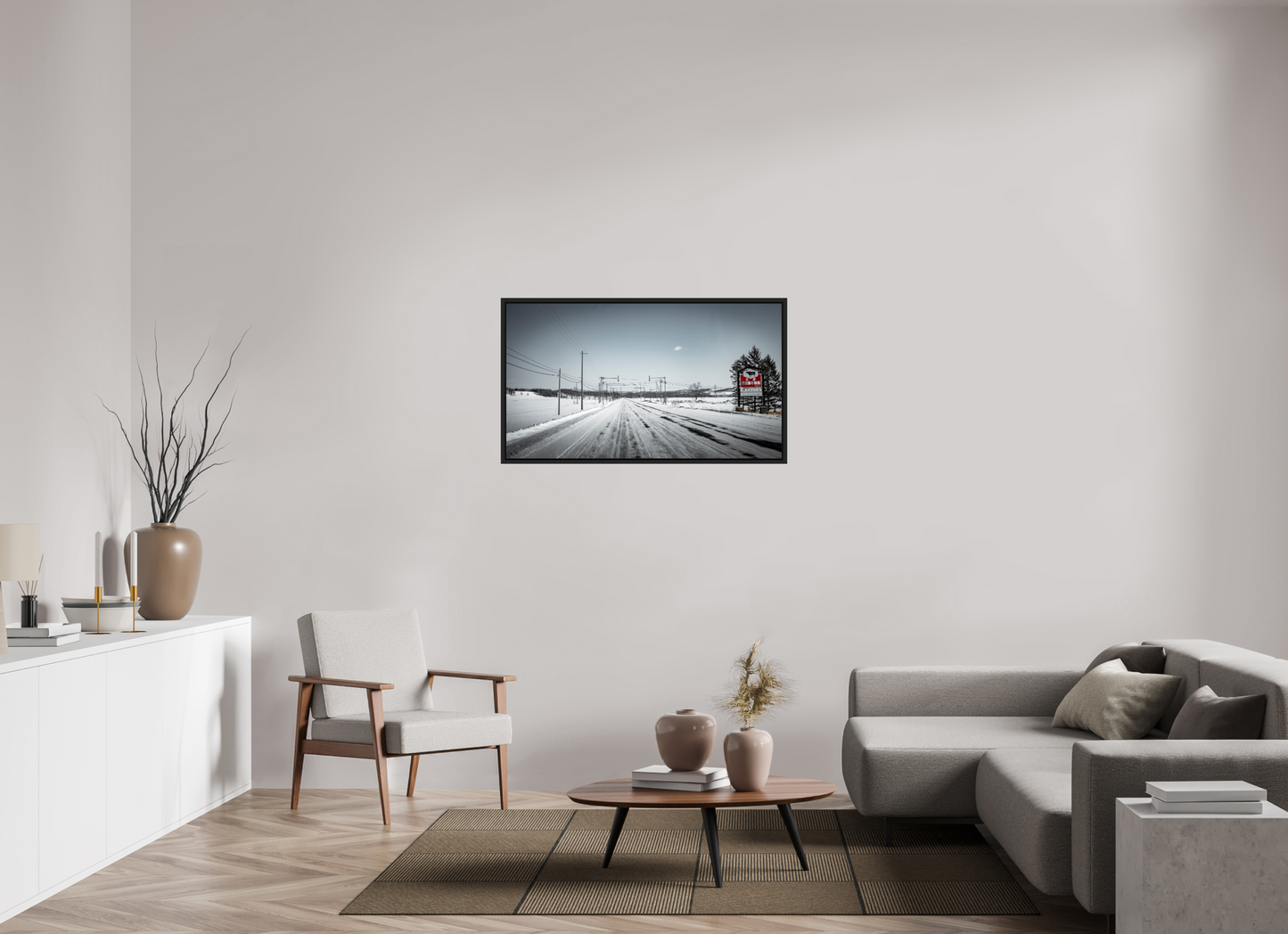 112 x 63 cm, Caisse noir mat 15 mm Sur la route - Hokkaido