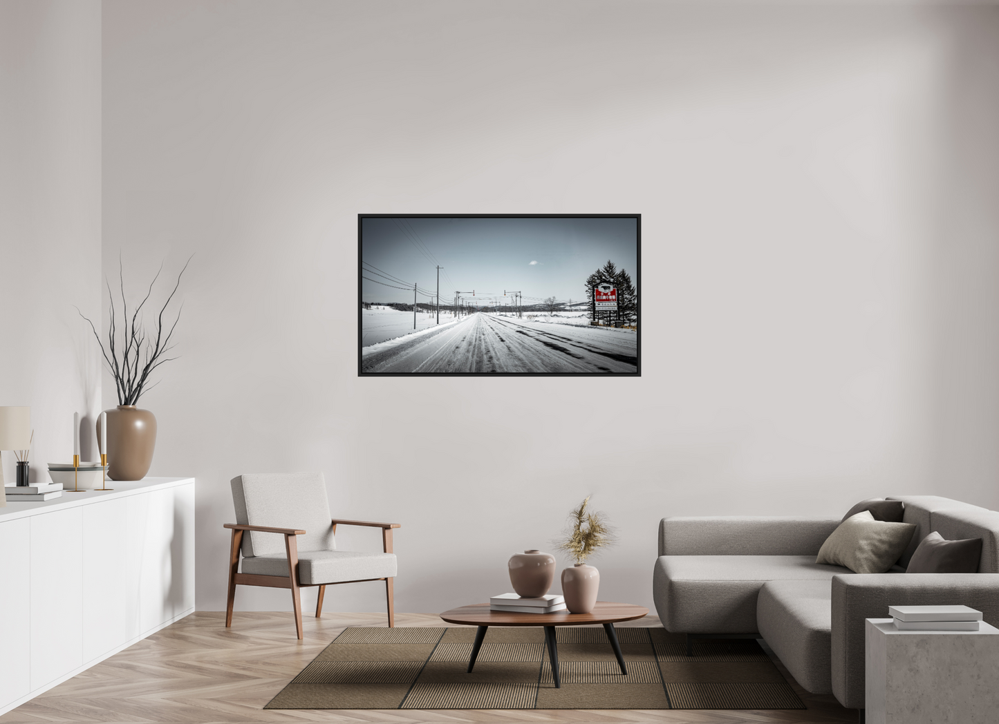 144 x 81 cm, Caisse noir mat 15 mm Sur la route - Hokkaido