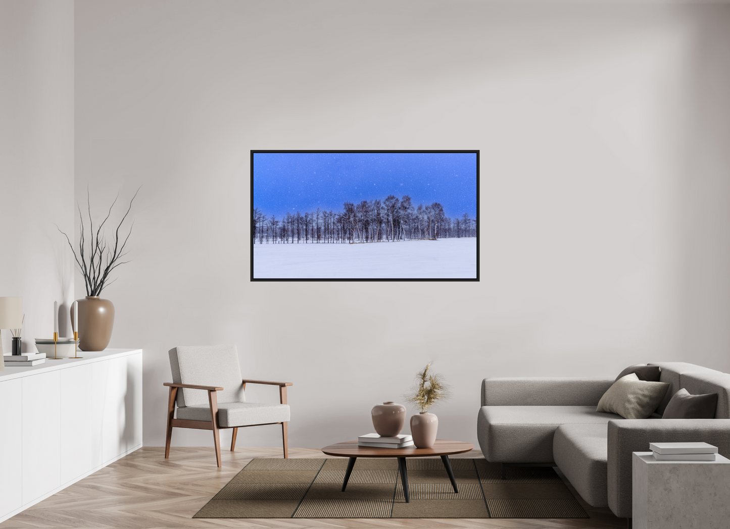 160 x 90 cm, Caisse noir mat 15 mm Les arbres à Hokkaido