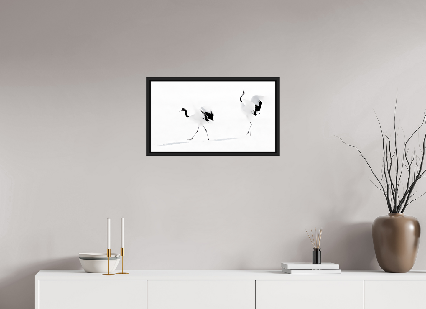 64 x 36 cm, Caisse noir mat 15 mm Les grues  - Hokkaido