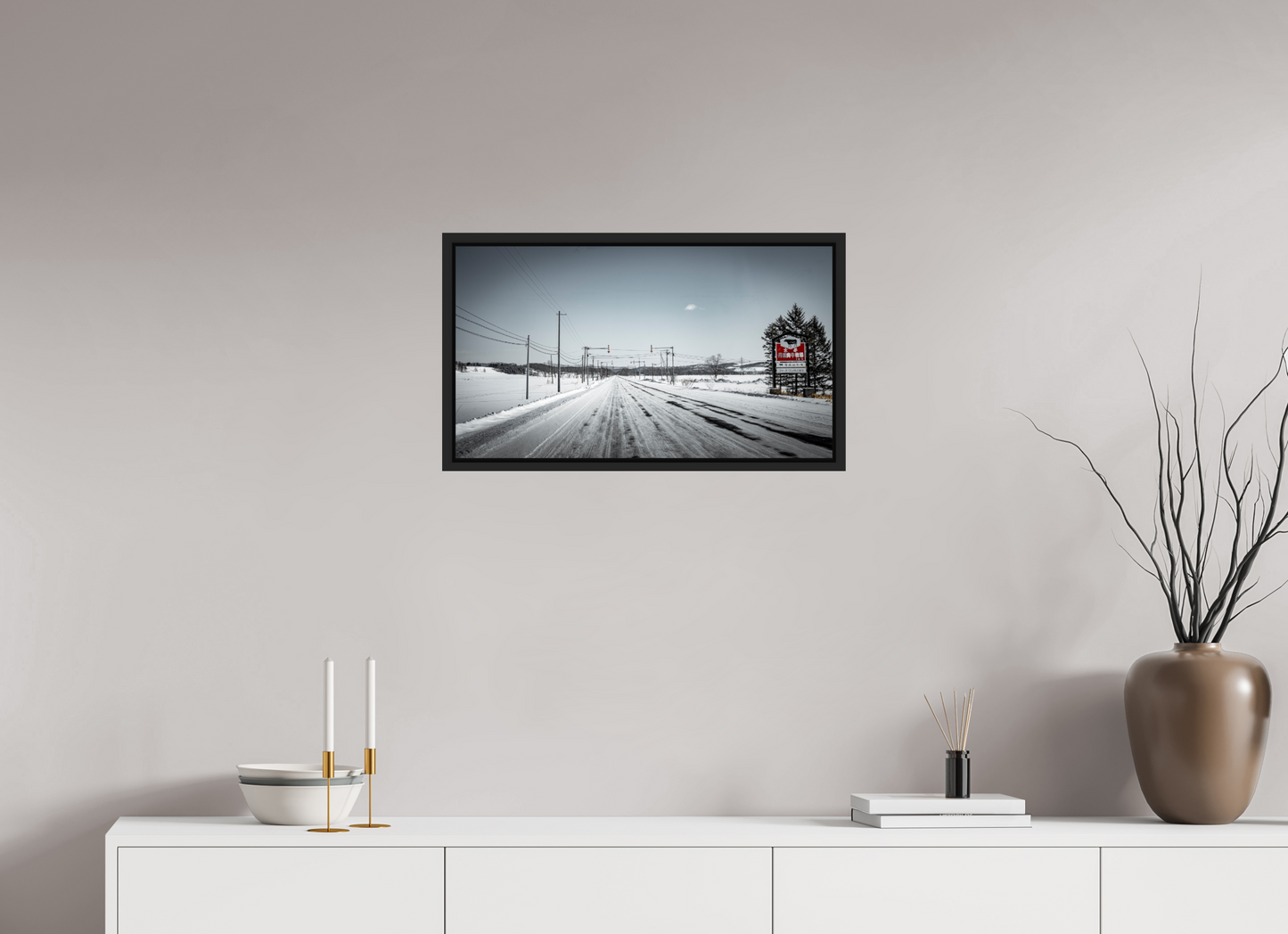 64 x 36 cm, Caisse noir mat 15 mm Sur la route - Hokkaido