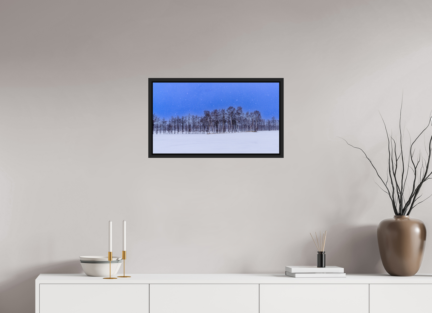 64 x 36 cm, Caisse noir mat 15 mm Les arbres à Hokkaido