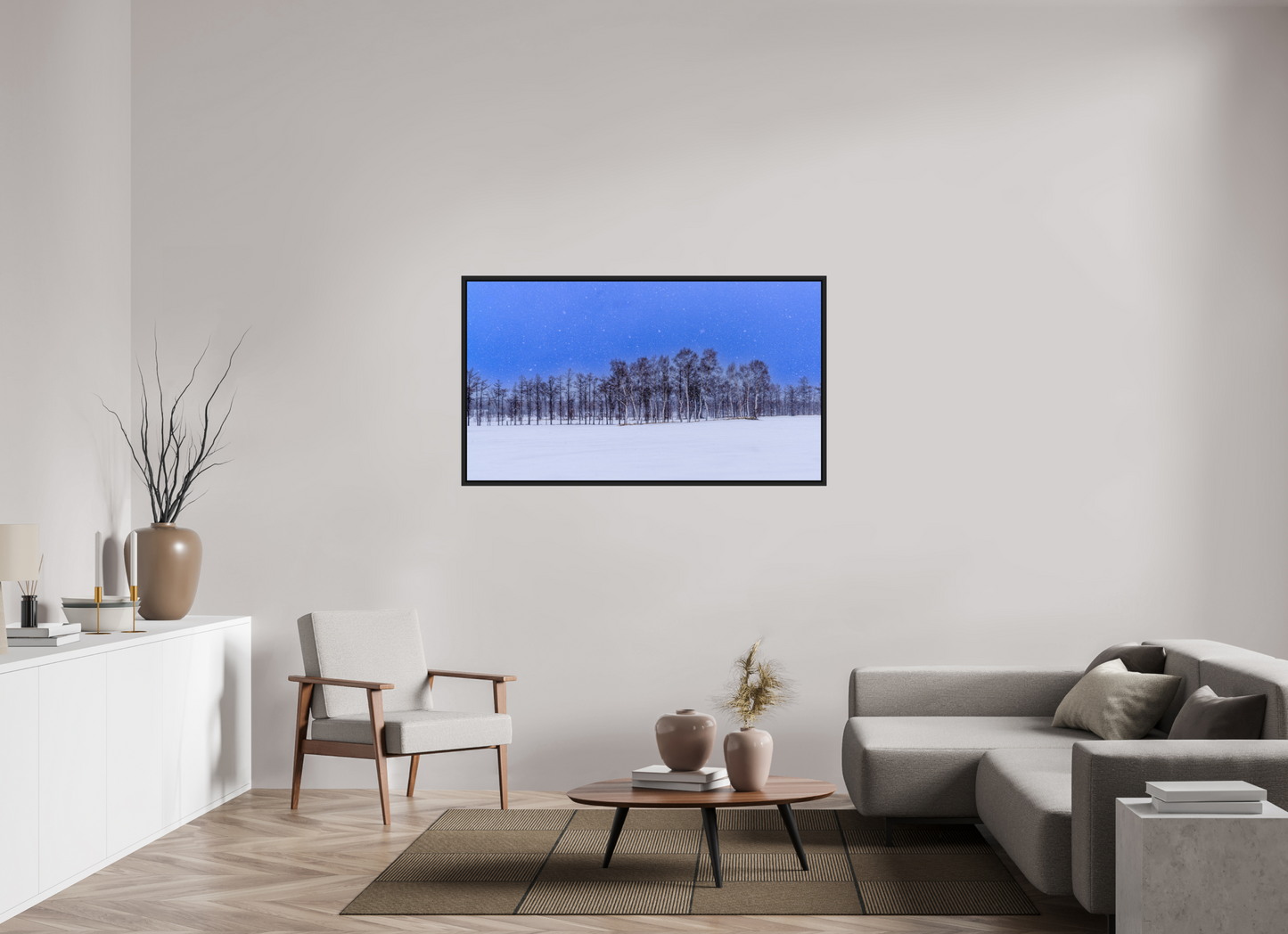 144 x 81 cm, Caisse noir mat 15 mm Les arbres à Hokkaido