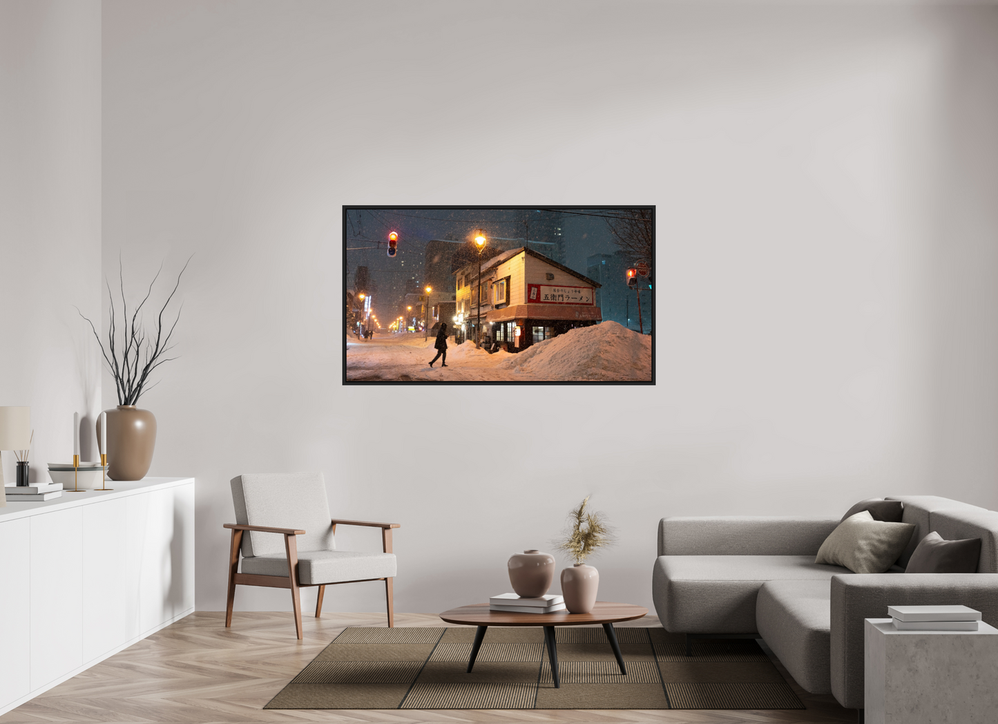 160 x 90 cm, Caisse noir mat 15 mm La nuit à Sapporo