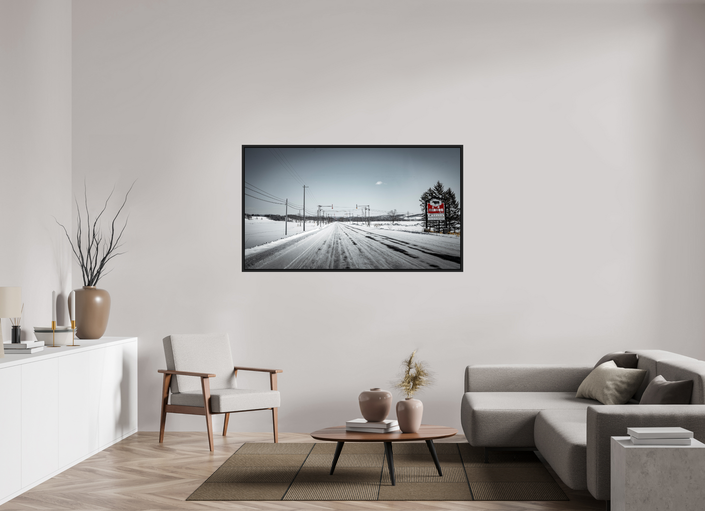 160 x 90 cm, Caisse noir mat 15 mm Sur la route - Hokkaido