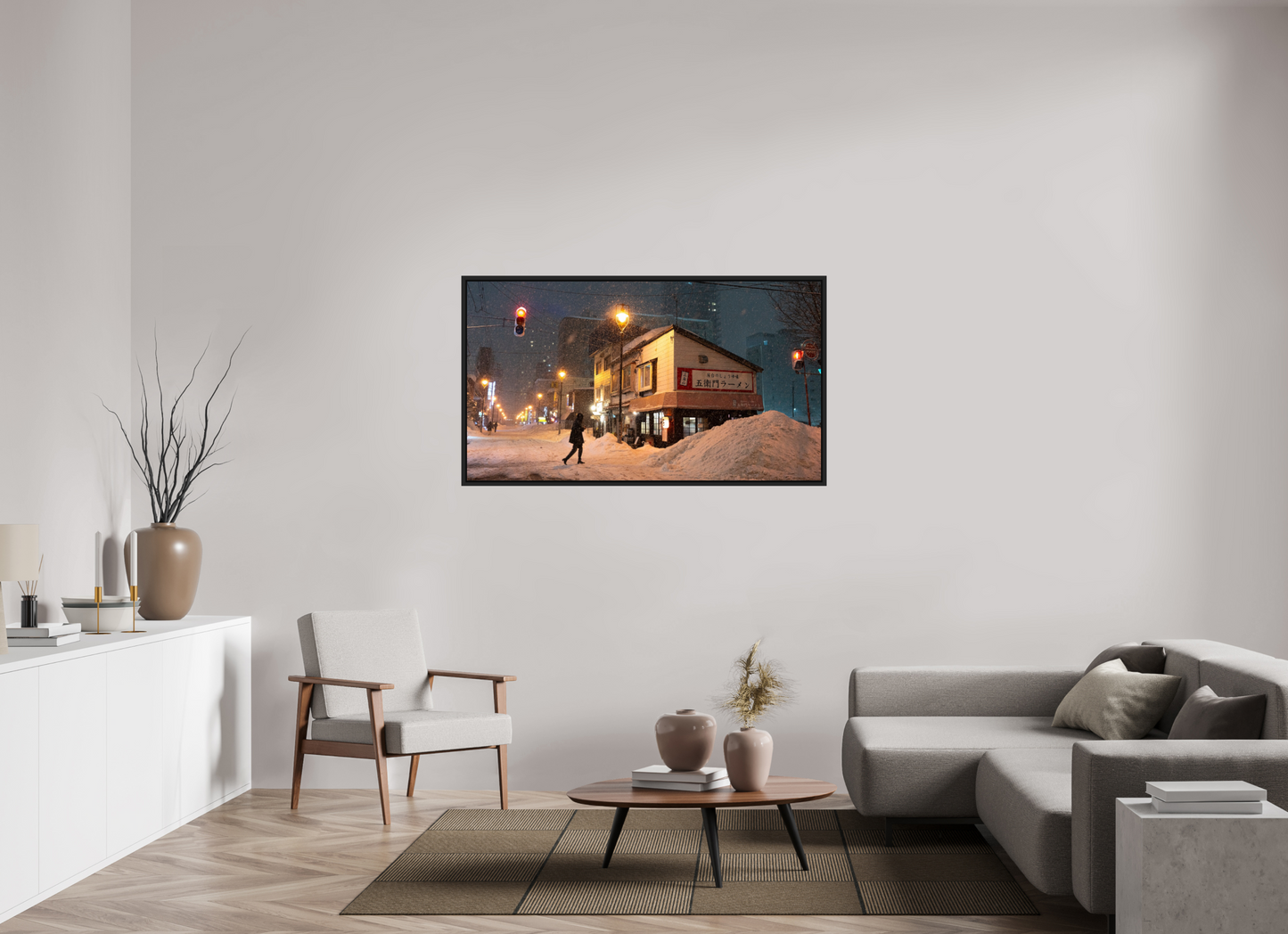 144 x 81 cm, Caisse noir mat 15 mm La nuit à Sapporo